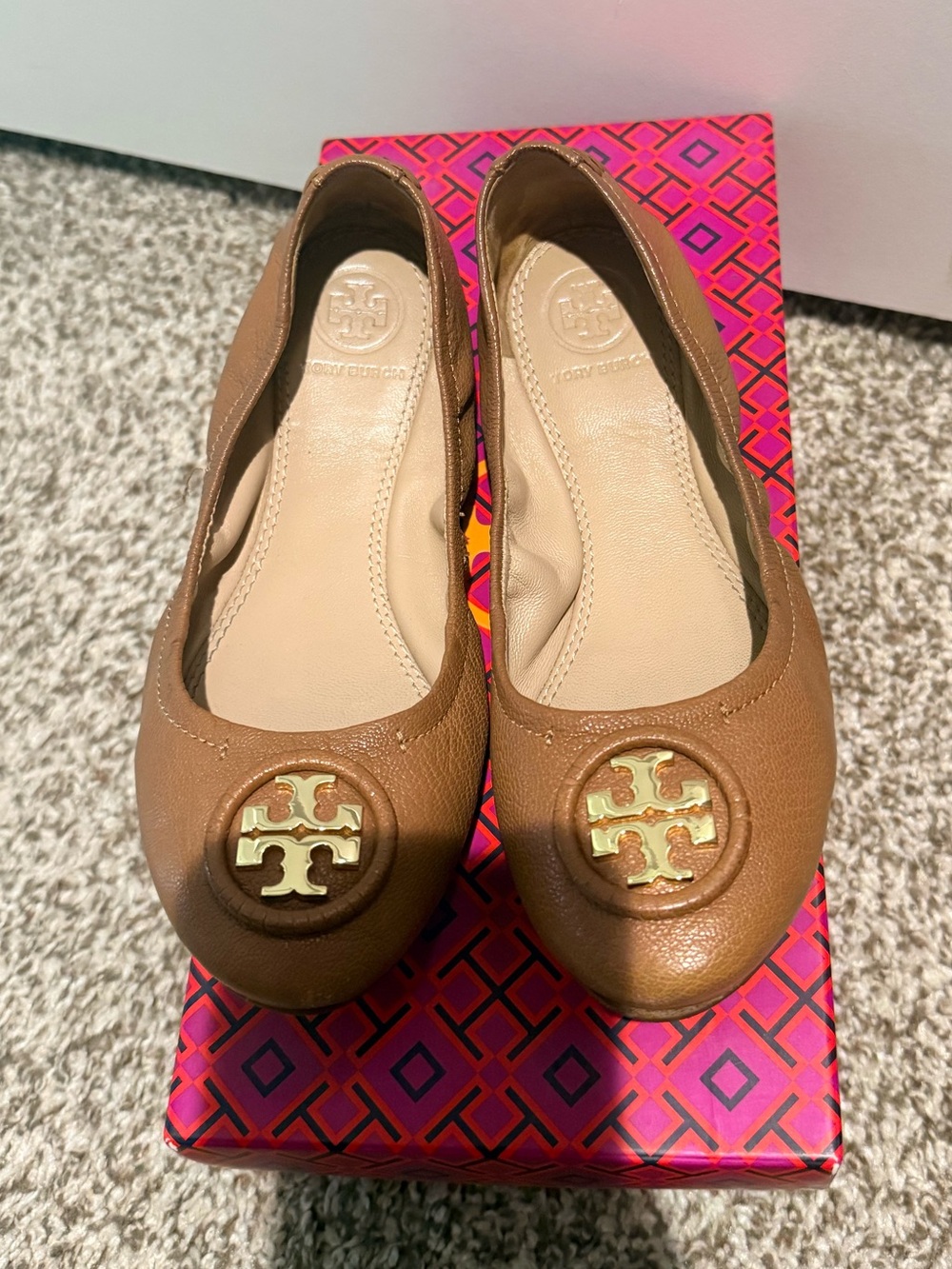 Tory Burch Brown Leather Logo Ballet Flats
